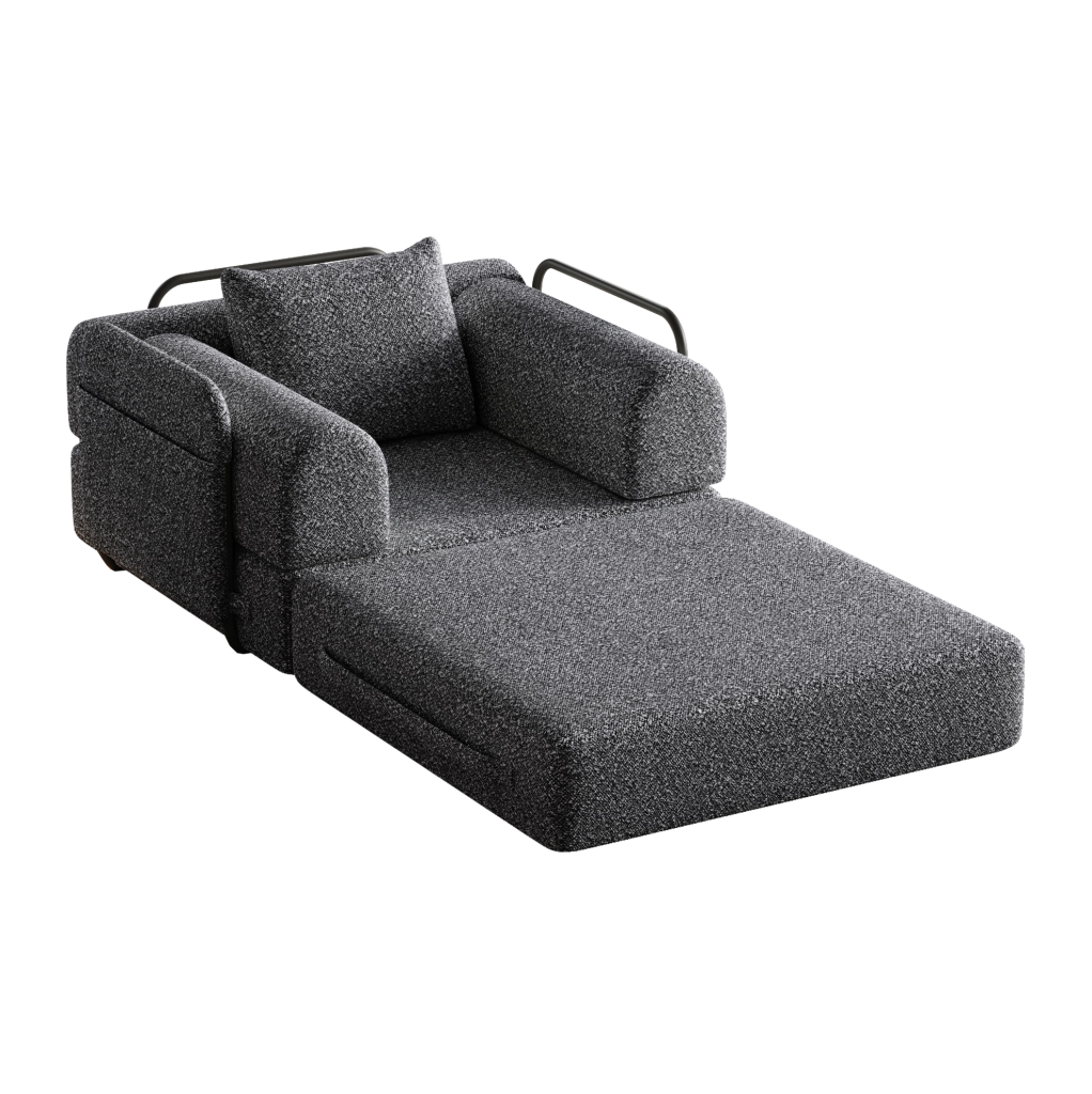 Divano letto monoposto in ciniglia grigio con vano bracciolo e struttura in acciaio