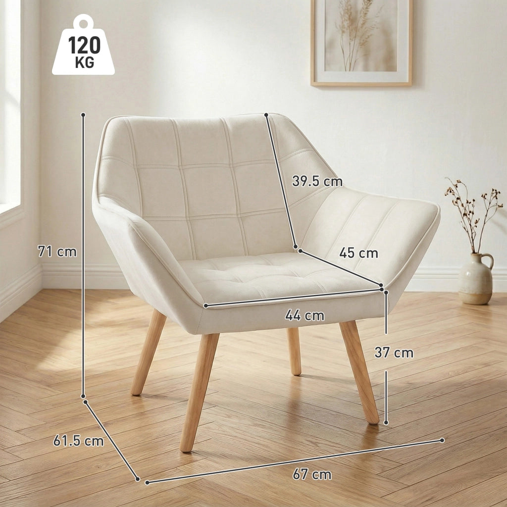 Poltrona Design Scandinava in Legno e Velluto Crema ¨C Zephmum ¨C 67x61.5x71cm