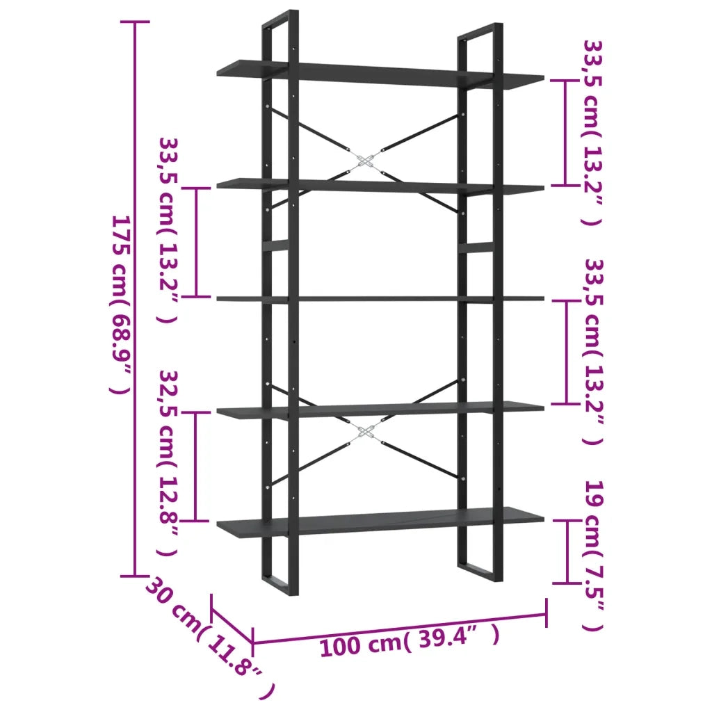 Libreria a 5 Ripiani-Scaffale per Libri-Mobile di Stoccaggio Grigia 100x30x175 cm in Legno Multistrato