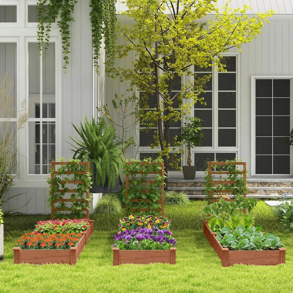 Fioriera da Esterno e Traliccio, Letto Rialzato in Legno per Fiori, Erbe, Verdure, Frutta e Viti Rampicanti, Aiuola Elevata da Giardino con Spalliera, 235CM x 63CM x 102CM (Marrone)
