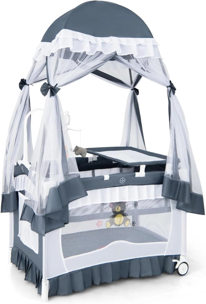 Lettino da Campeggio per Bambini, Culla Pieghevole con Fasciatoio Zanzariera, Box Neonati con Giocattoli, Ruote, per Bambini 0-36 Mesi (Grigio)