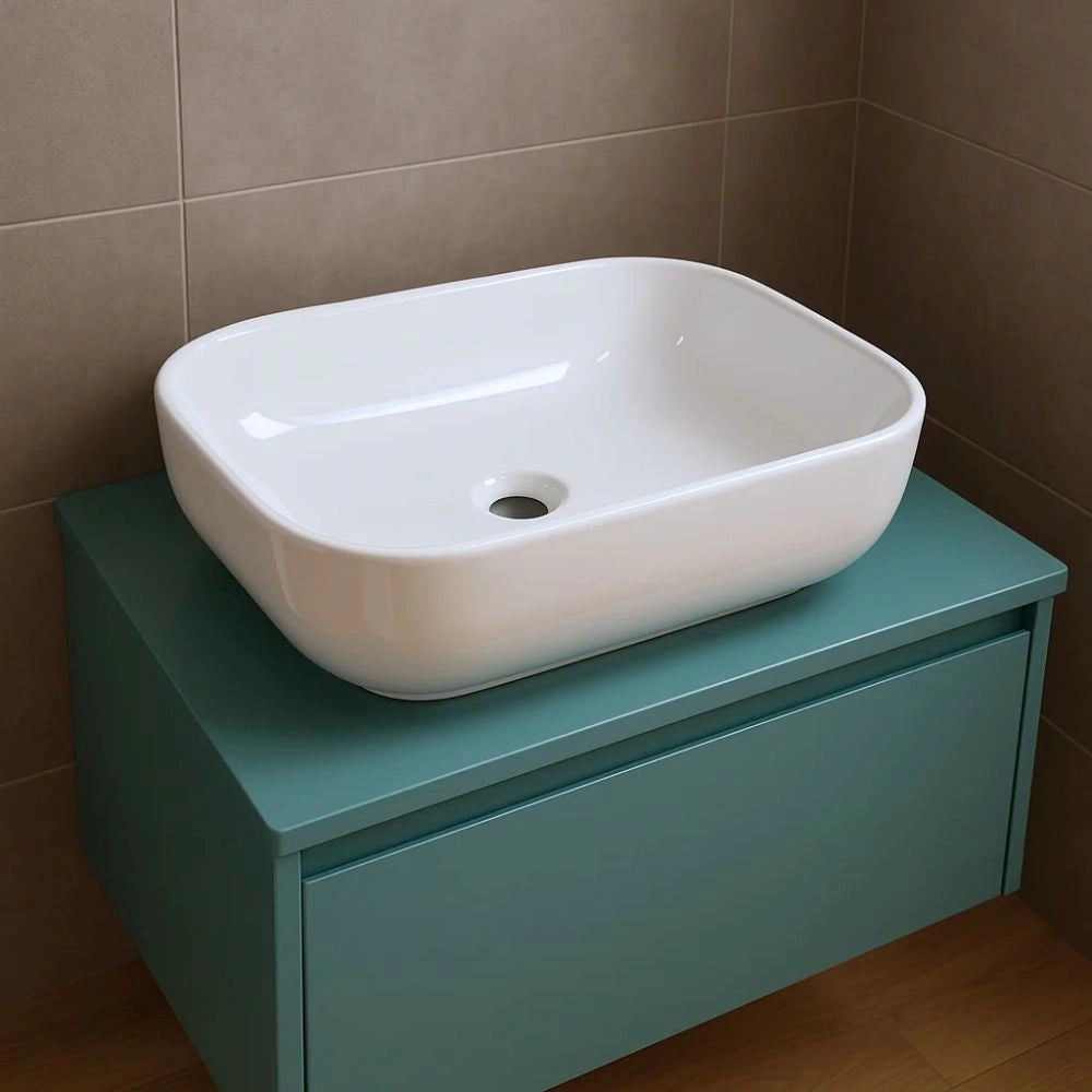 Lavabo da appoggio ceramica bianco rettangolare arredo bagno 50,5x40,5x14 cm *** finitura- lucido, confezione 1
