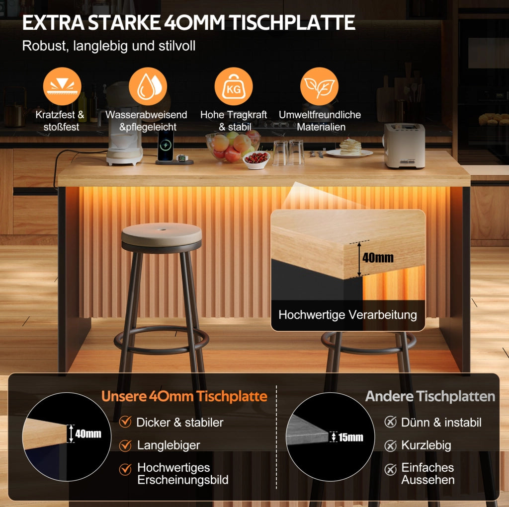 Isola da cucina 155x80x90 cm in MDF; nero e naturale; LED; prese EU; USB
