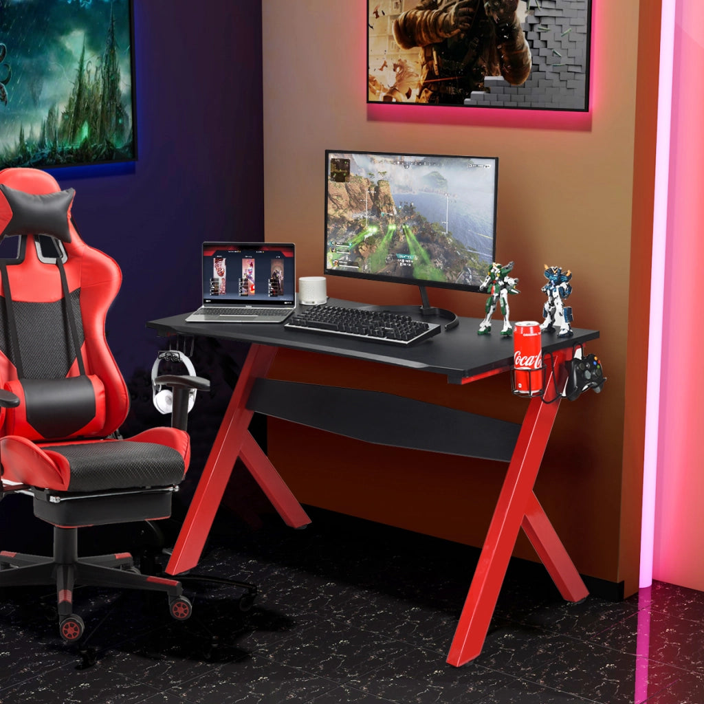 Scrivania da gaming con porta cuffie e tappetino per il mouse, Scrivania ergonomica per casa e dormitorio Nero