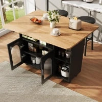 Isola cucina moderna con spazio di conservazione e armadietti con ante in vetro, 120×30×79,5 cm, Nero e Legno naturale