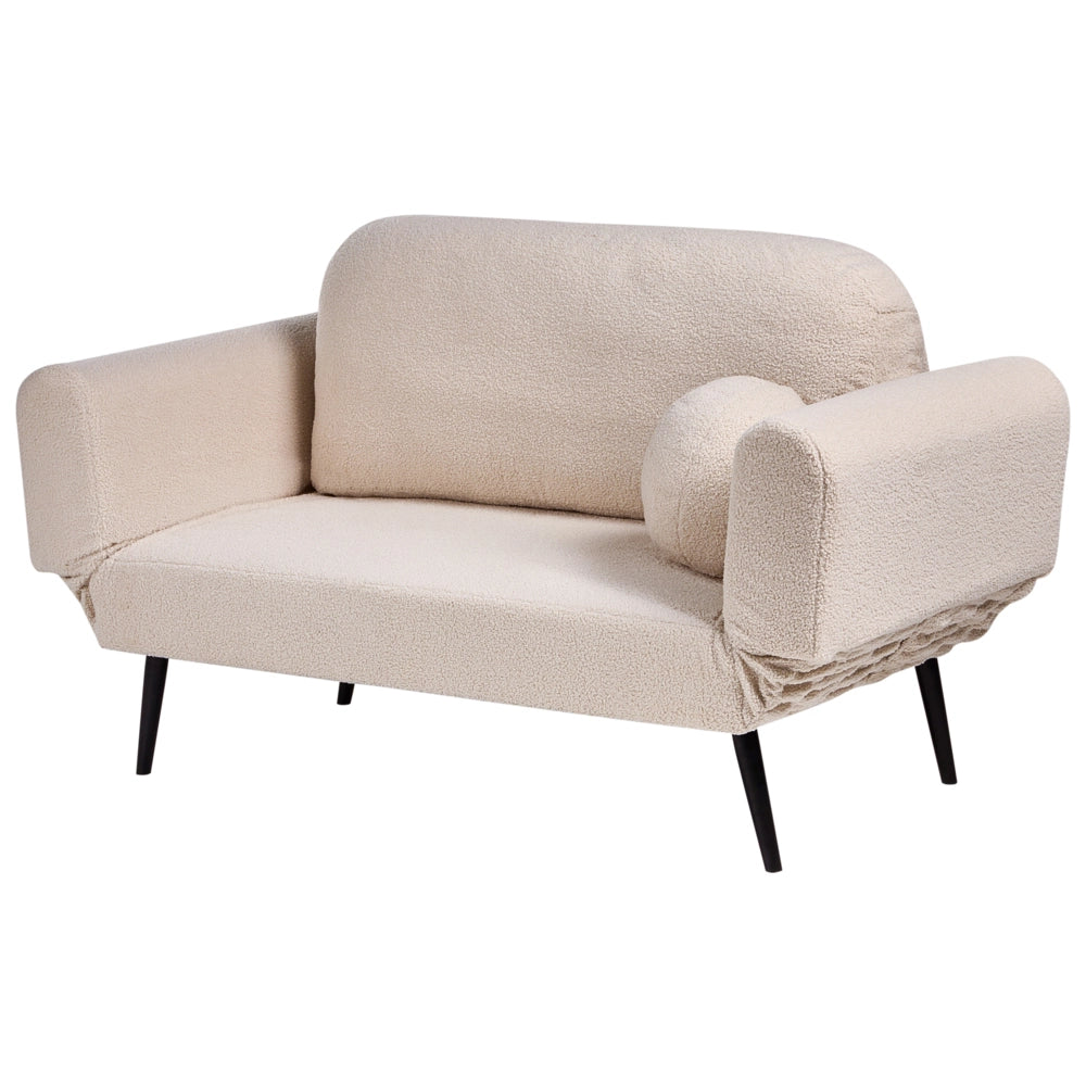 Divano letto con funzione letto cuscino rotondo rivestimento in bouclé gambe in ferro per soggiorno o camera da letto color beige