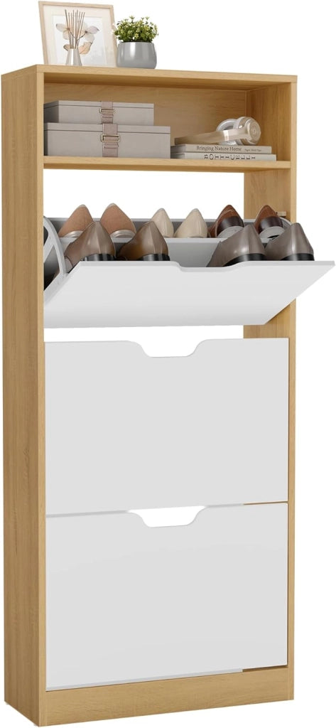 VASAGLE Scarpiera a 3 Ante a Ribalto, Scaffale Portascarpe, Scomparto Aperto, Divisorio Regolabile, 14-18 Paia, per Piccoli Ingressi, 24 x 60 x 139 cm, Bianco Nuvola LBC046W01