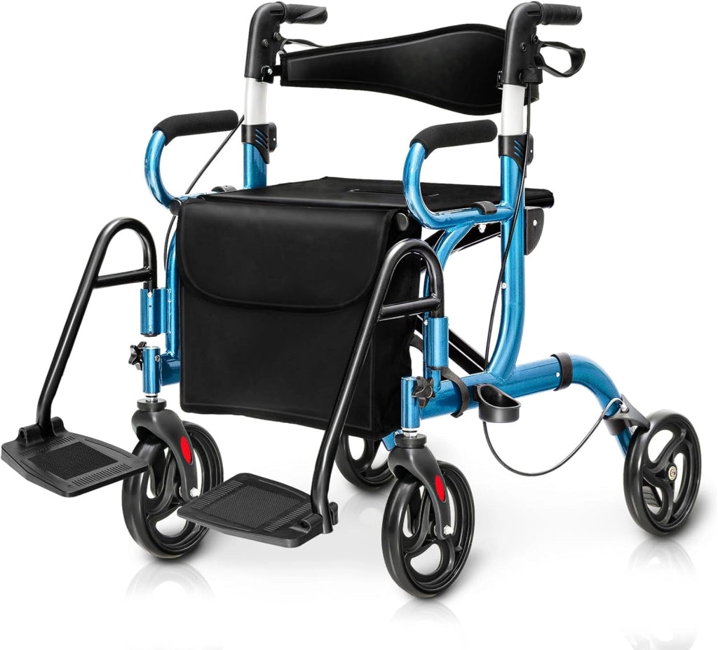 Deambulatore 2 in 1 per Anziani in Alluminio, Rollator Pieghevole e Regolabile in Altezza con Sedia, Schienale Reversibile, Manici Regolabili, Ruote, Poggiapiedi e Borsa Rimovibile (Rosso)