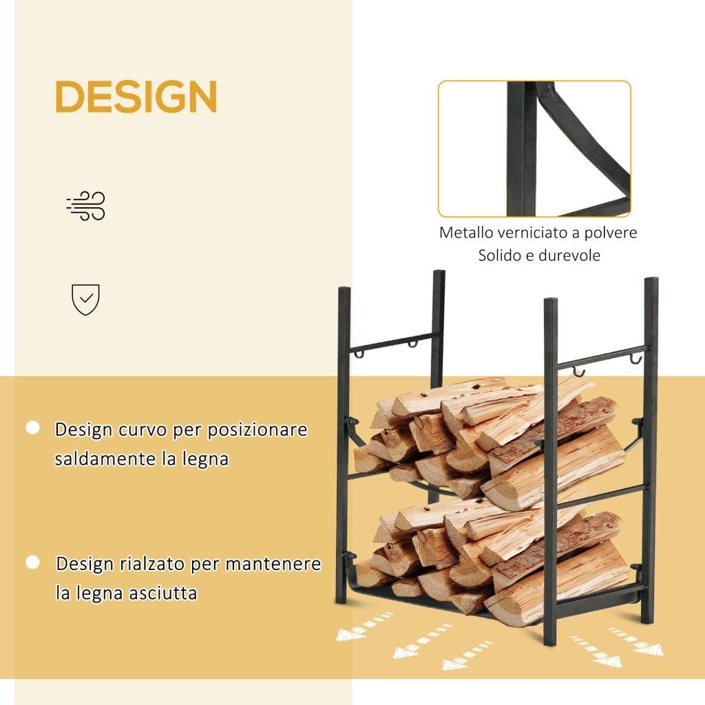 EasyComfort Portalegna da Interno ed Esterno in Metallo a 2 Ripiani, Porta Legna per Interni con Supporti Rimovibili, Paletta, Scopa, Attizzatoio e Pinza, 44.5x29.5x73 cm, Nero