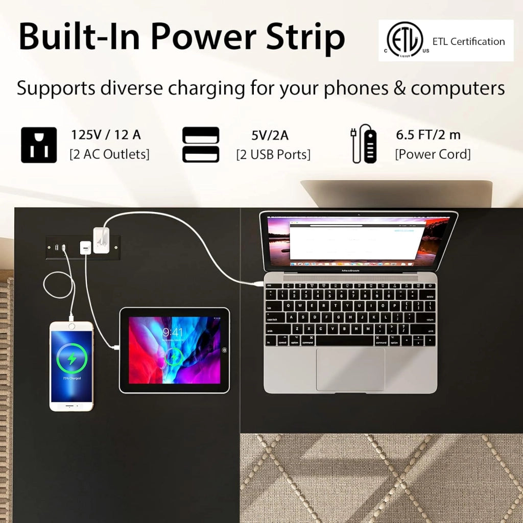 Scrivania per computer a forma di L da 120 cm, con stazione di ricarica, tavolo ad angolo con 2 ripiani aperti, scrivania per studio, ufficio (nero)