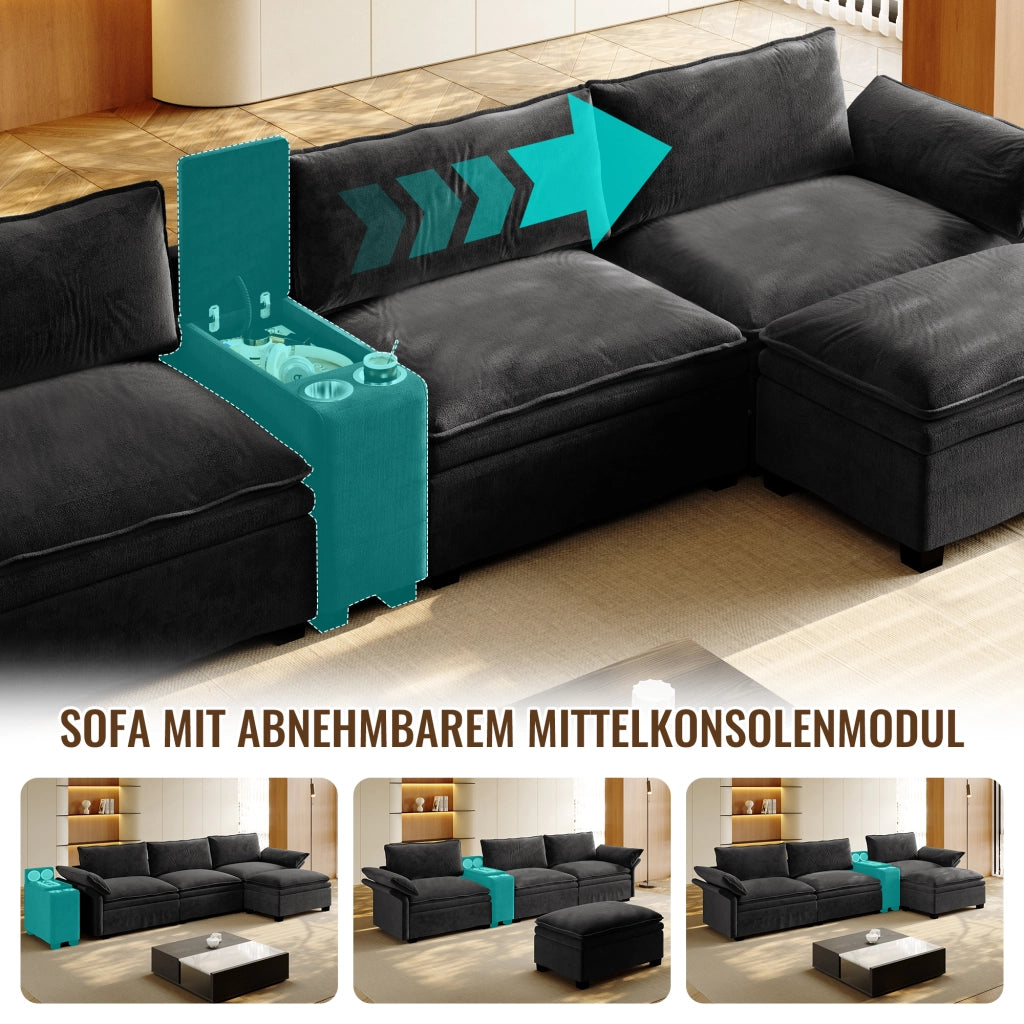 Divano modulare a L 4 posti in chenille con pouf mobile ricarica wireless altoparlanti luci e 2 portabicchieri nero