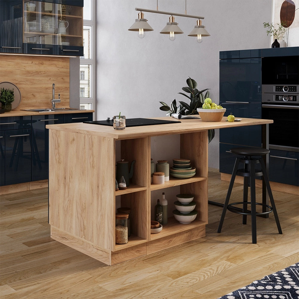 Isola cucina Fame-Line Blu scuro lucido/Rovere dorato 90 cm con cassetto, senza piano di lavoro Vicco