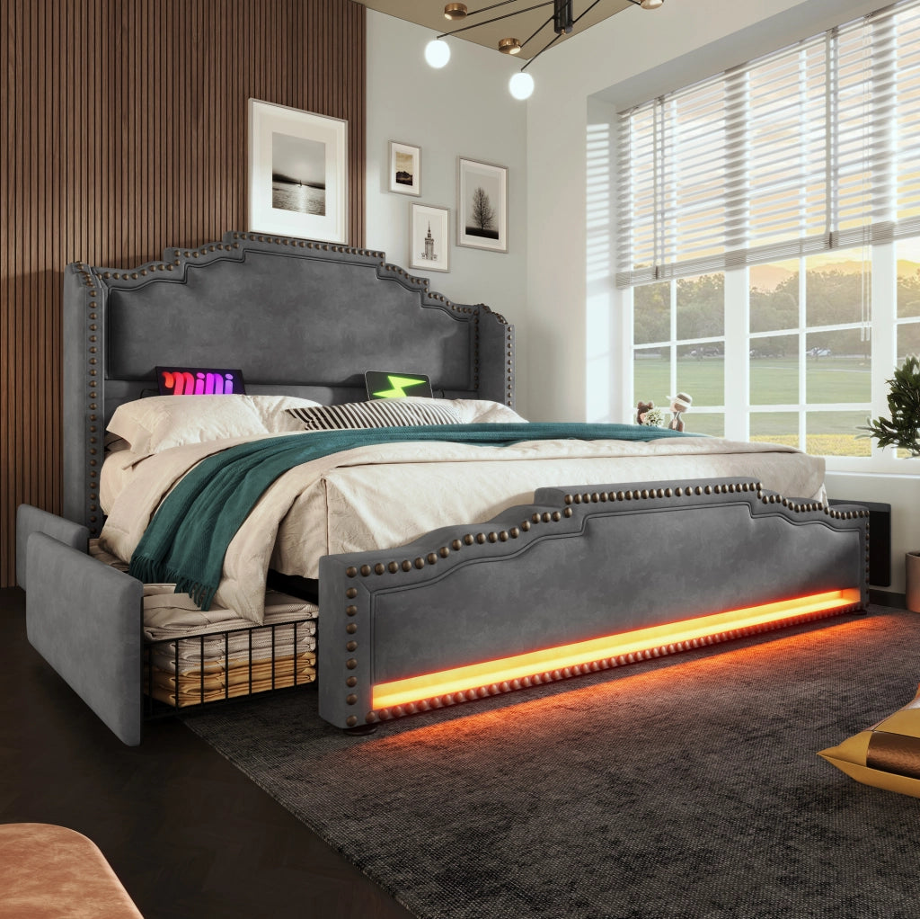 Letto 140x200 grigio con LED, USB-C, 4 cassetti e materasso