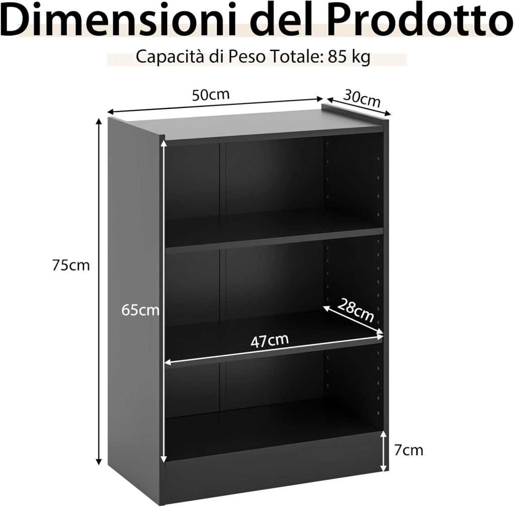 Libreria a 3 Piani, Scaffale Multifunzionale con Ripiani Regolabili e Dispositivo Antiribaltamento, per Soggiorno, Camera da Letto, Studio, 50 x 30 x 75 cm (Nero)