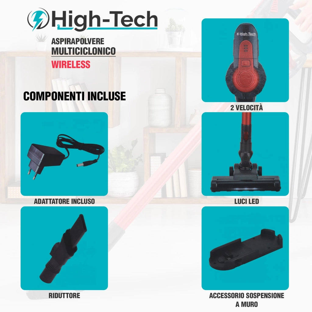 HIGH-TECH ASPIRAPOLVERE MULTI CICLONICO WIRELESS DA 120 W CON BATTERIA A LITHIO