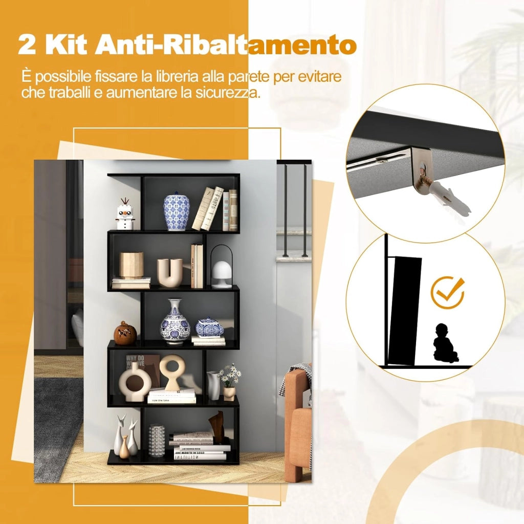 Scaffale in Legno a 5 Ripiani, Libreria Scaffale a Forma di S con Dispositivo Antiribaltamento, Divisorio per Soggiorno Ufficio Camera da Letto, 70 x 23,5 x 158 cm