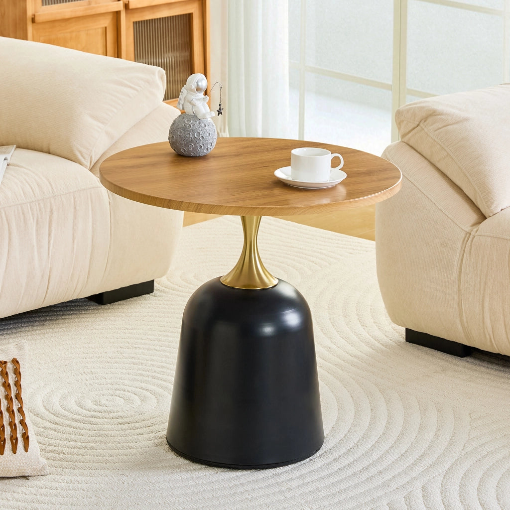 Tavolino basso rotondo in melamina con base metallica, stile nordico, per soggiorno e ufficio, legno, 70 × 69 × 40 cm