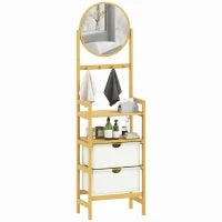 Mensola da Bagno in Bambù con Specchio con 4 Ganci 2 Ripiani Aperti e 2 Cassetti in Tessuto 48,5x30x170 cm Naturale