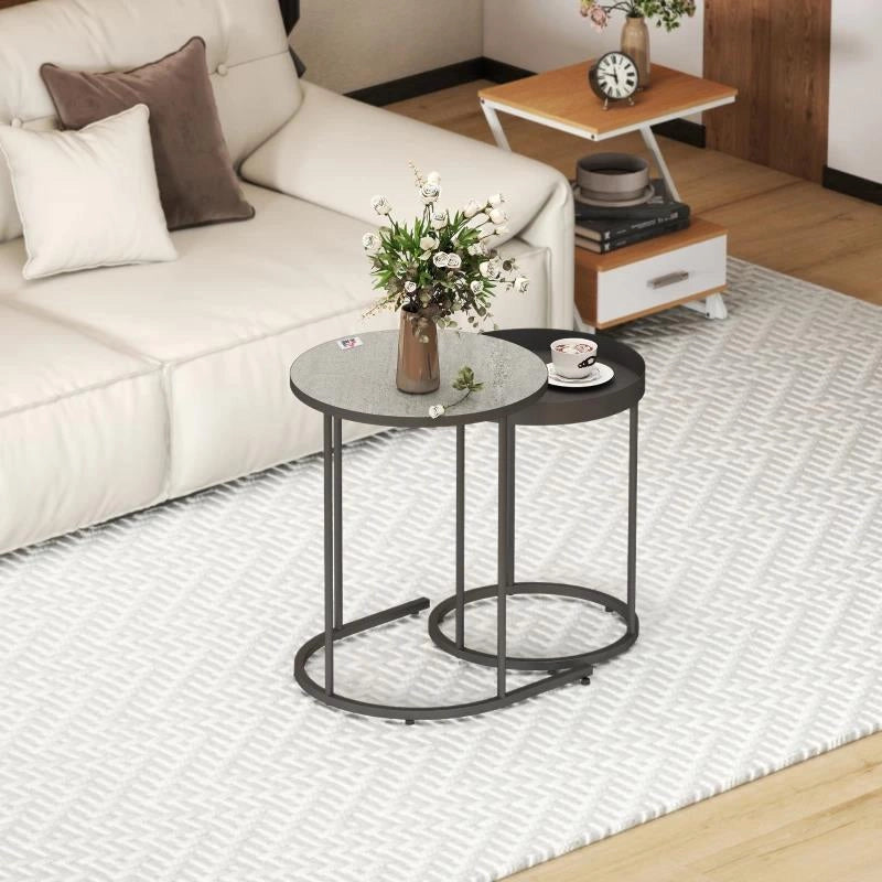 SET 2 TAVOLINI DA SALOTTO IMPILABILI IN STILE INDUSTRIALE, IN LEGNO E METALLO, Ï42X54 CM E Ï36.5X48.5 CM, GRIGIO E NERO