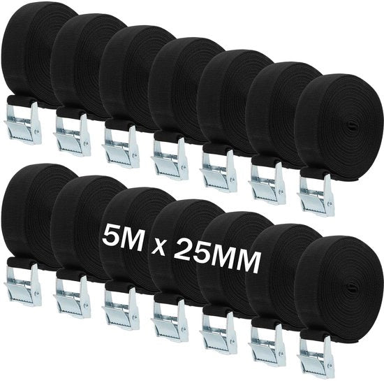 Cinture di allaccio 14 pezzi - Cinture di allaccio adattabili Heavy Duty - Nero - 5 m x 25 mm - Alta Resistenza - Veli di polipropilene resistente all'usura