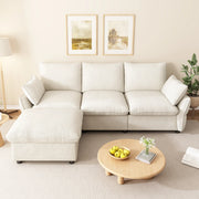 Divano angolare in chenille con pouf e 2 cuscini, struttura in schiuma elastica beige 222,5 × 154,5 × 76,5 cm