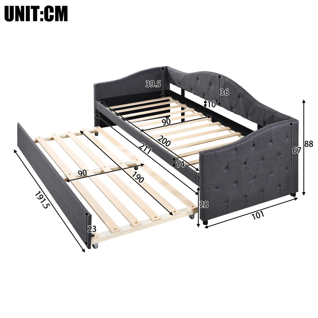 Letto divano 90 × 200 cm con letto estraibile, senza materasso, in lino, grigio, per camera e soggiorno