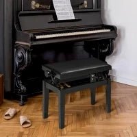 Panca per pianoforte, sgabello per pianoforte, regolabile in altezza, elegante in pelle sintetica+legno di gomma, nero, 63 x 33 x 56cm