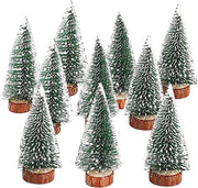 Mini Abeti Finto - 10 Pezzi | Albero di Natale con Base in Legno e Effetto Neve