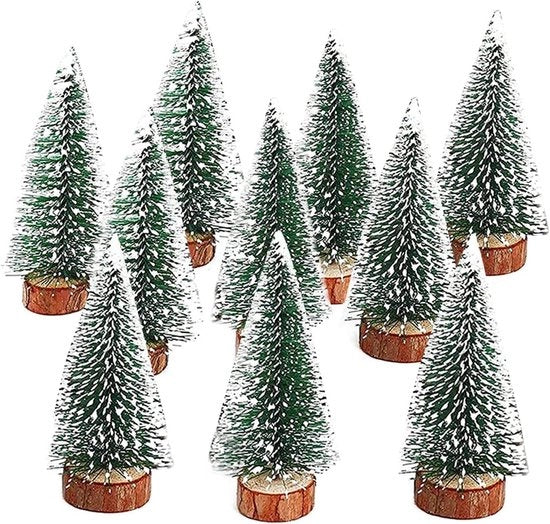 Mini Abeti Finto - 10 Pezzi | Albero di Natale con Base in Legno e Effetto Neve