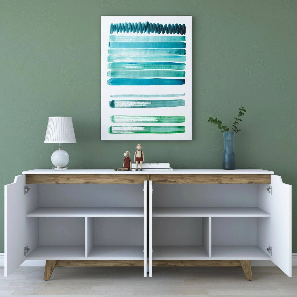 Credenza Ascaro, Buffet da soggiorno, Madia da salotto, Dispensa da cucina, 180x45h79 cm, Bianco e Noce