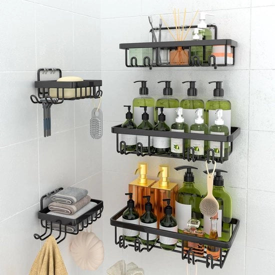 Set di 5 piastrelle da doccia senza fori con contenitore di sapone - nero