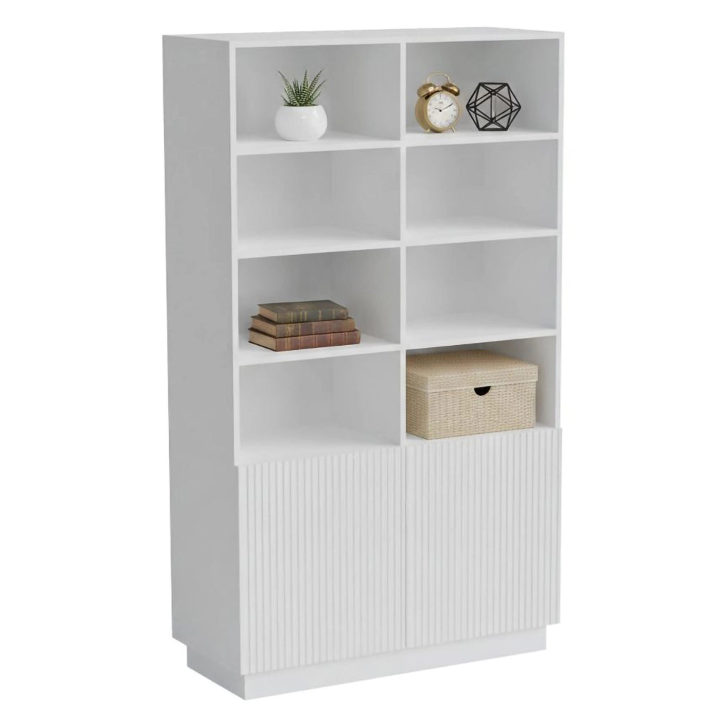Libreria Miniato, Mobile portalibri con vani aperti e due ante, Design moderno e minimale, 172x40 h100 cm, Bianco