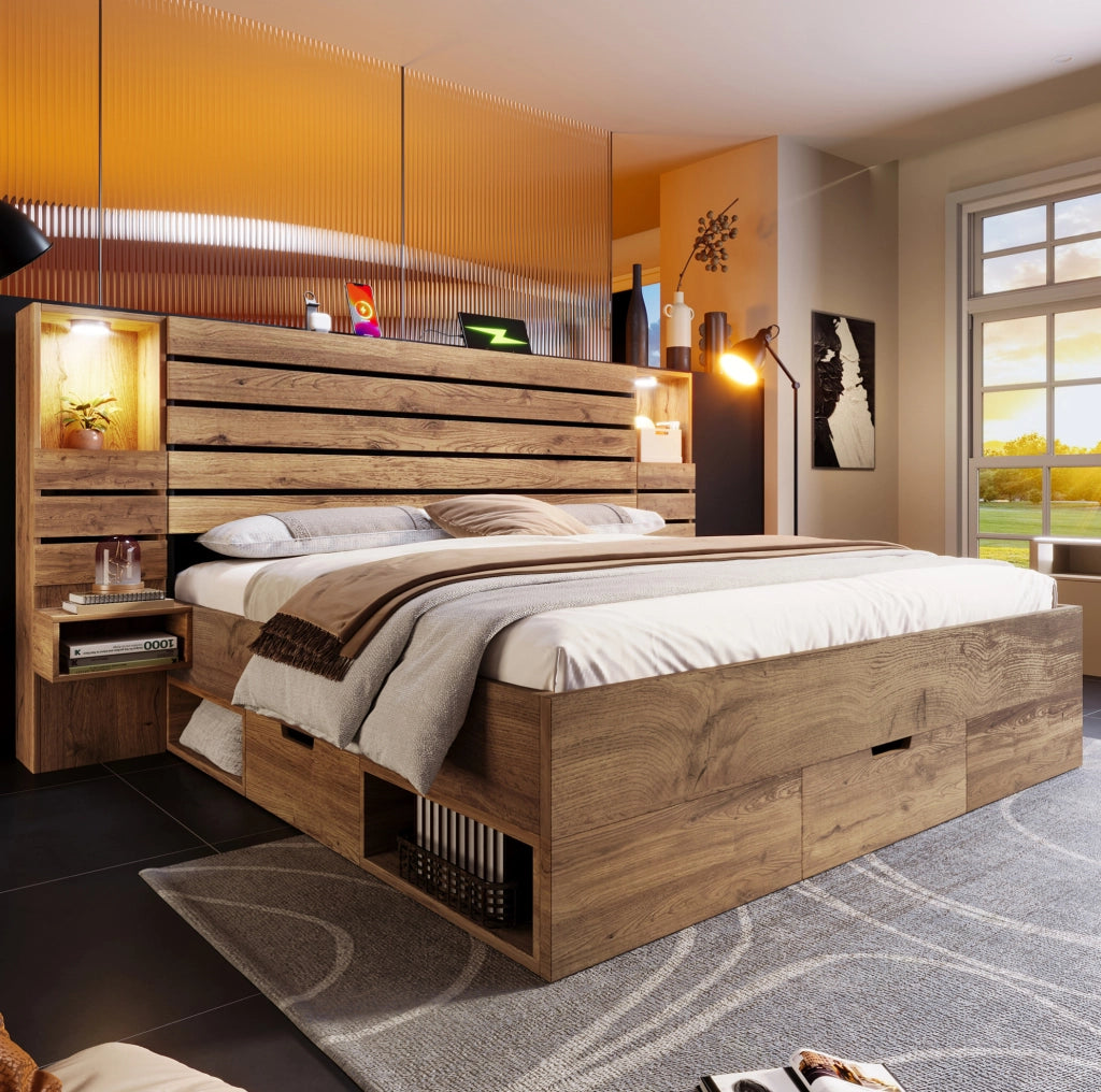 Letto matrimoniale 180x200 cm con LED, USB-C e cassetti contenitivi