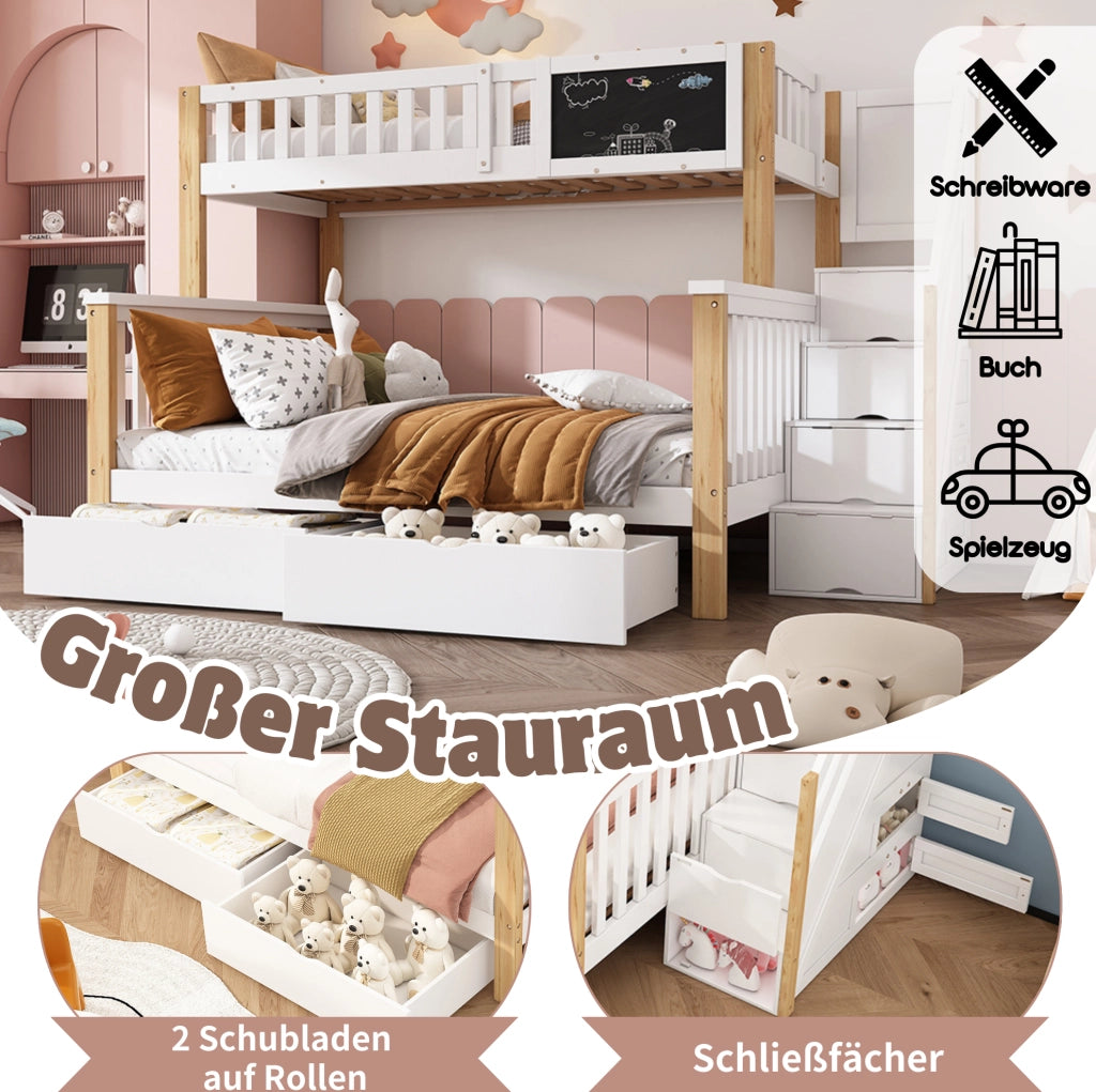 Letto a castello per bambini con lavagna e cassetti 90/140x200 cm; bianco e rovere chiaro in legno massiccio