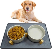 Ciotola per Cane in Ceramica a Doppia Camara con Base in Bamboo e Tappetino Antiscivolo per Cani di Taglia Media (850ml, 2-Toni Grigio)
