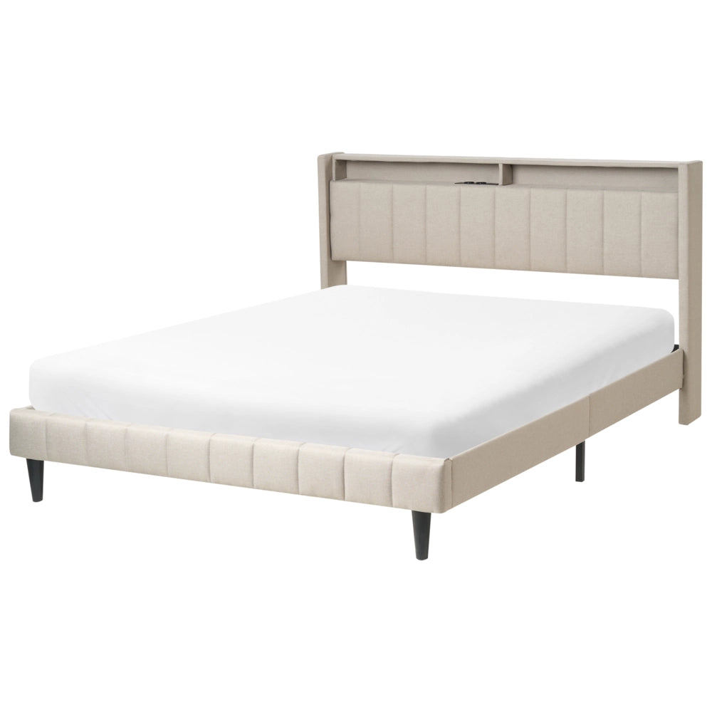 Letto matrimoniale LED Beige Tessuto EU Super King Size 160 x 200 cm Testiera imbottita con porta USB Desing moderno