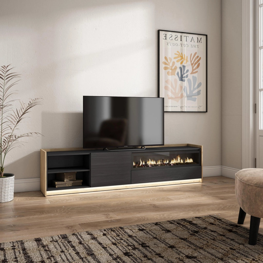 Mobile TV Soggiorno, 207x50x37 cm, Per TV fino a 80", Camino elettrico, LED, Nero e rovere