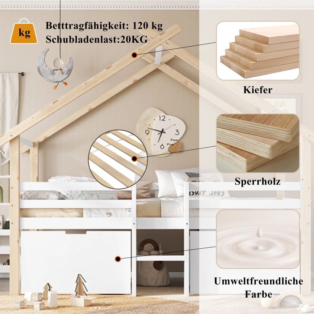 Letto a casa per bambini bianco e naturale in legno massello e MDF con funzione contenitore 90x200 cm