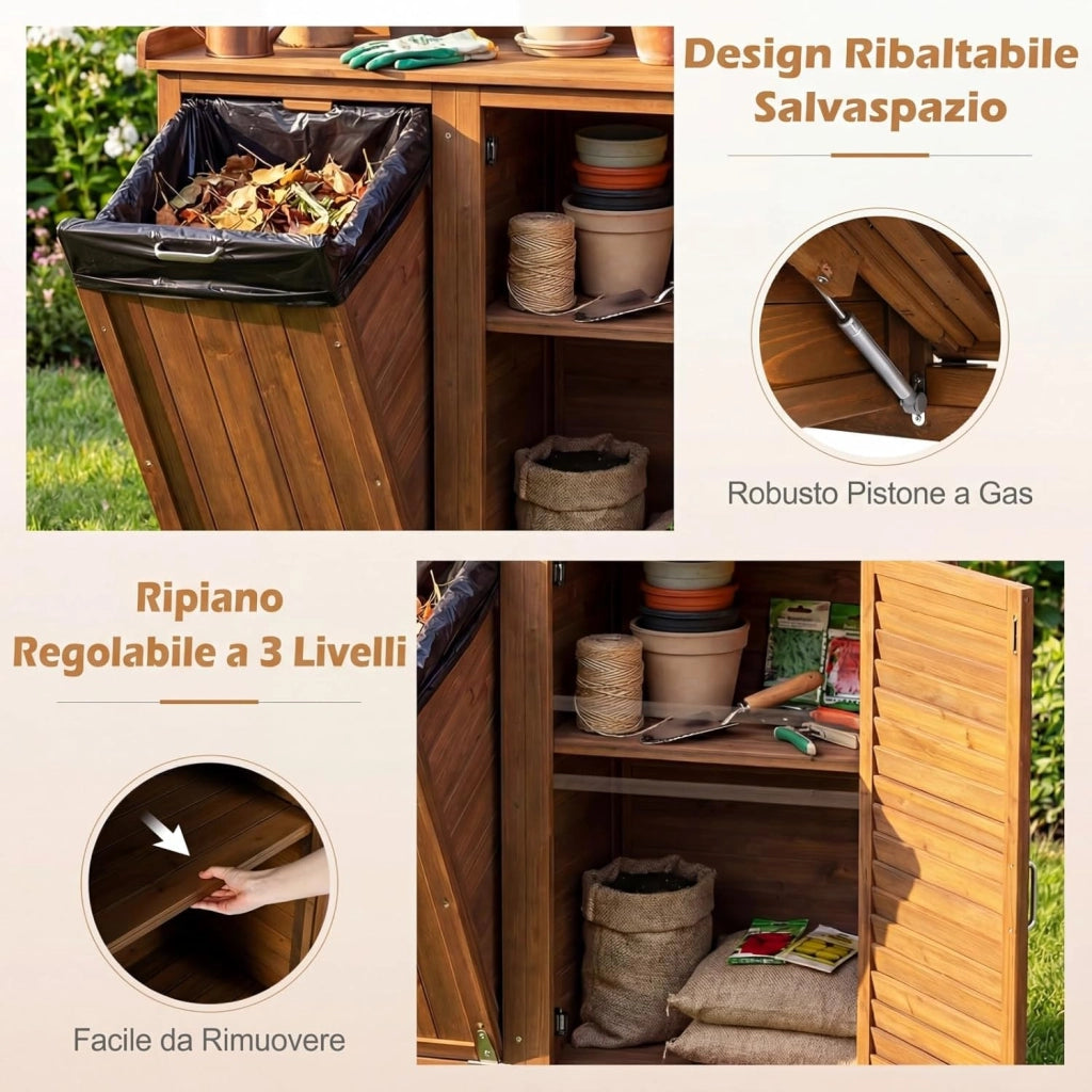 Tavolo da Giardinaggio, Armadietto da Esterno in Legno Massello con Ripostiglio, Ripiani Rimovibili e 2 Ante, Tavolo da Lavoro per Piante da Giardino, Prato e Cortile