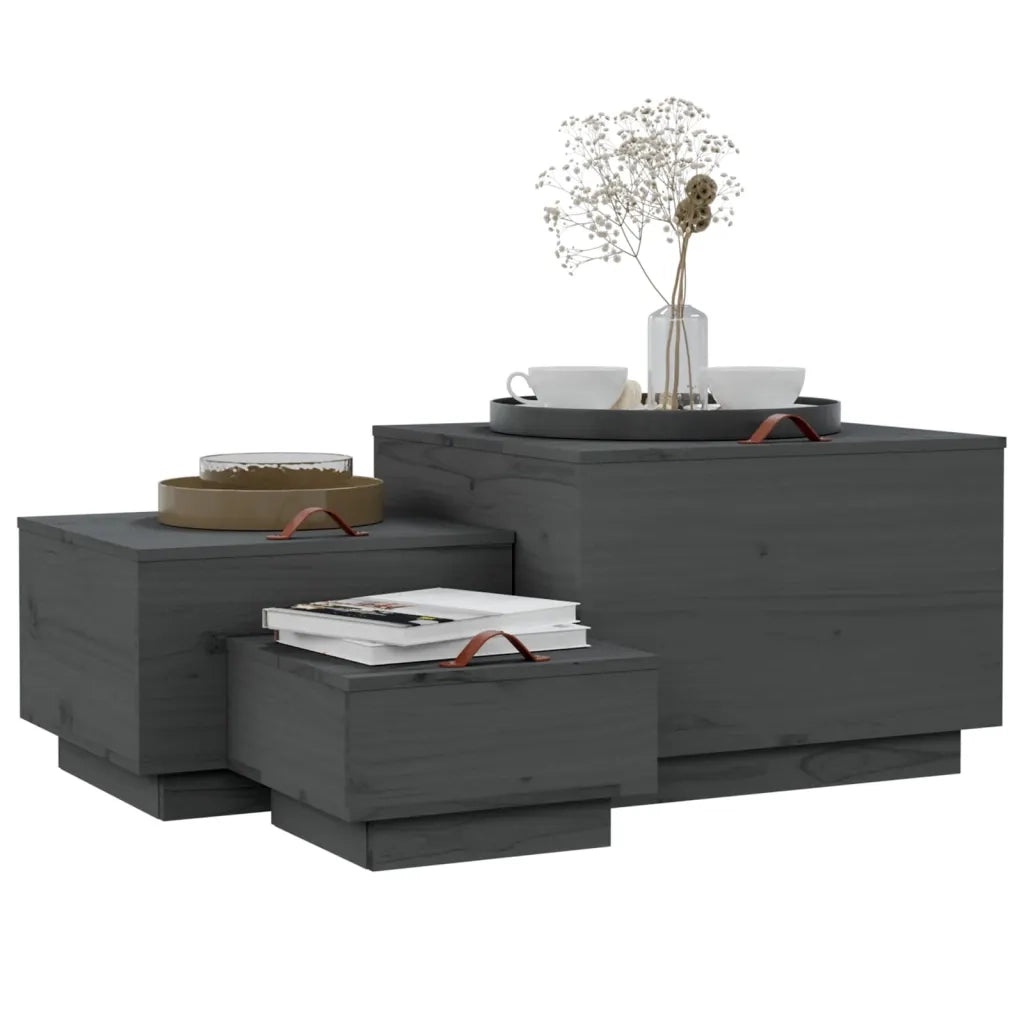 Contenitori Portaoggetti Coperchi 3pz Grigi Legno Massello Pino 818247
