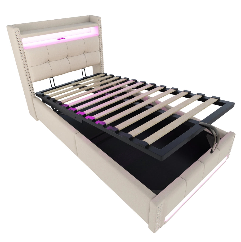 Letto imbottito 90x200 cm con LED; contenitore e porta USB in lino beige