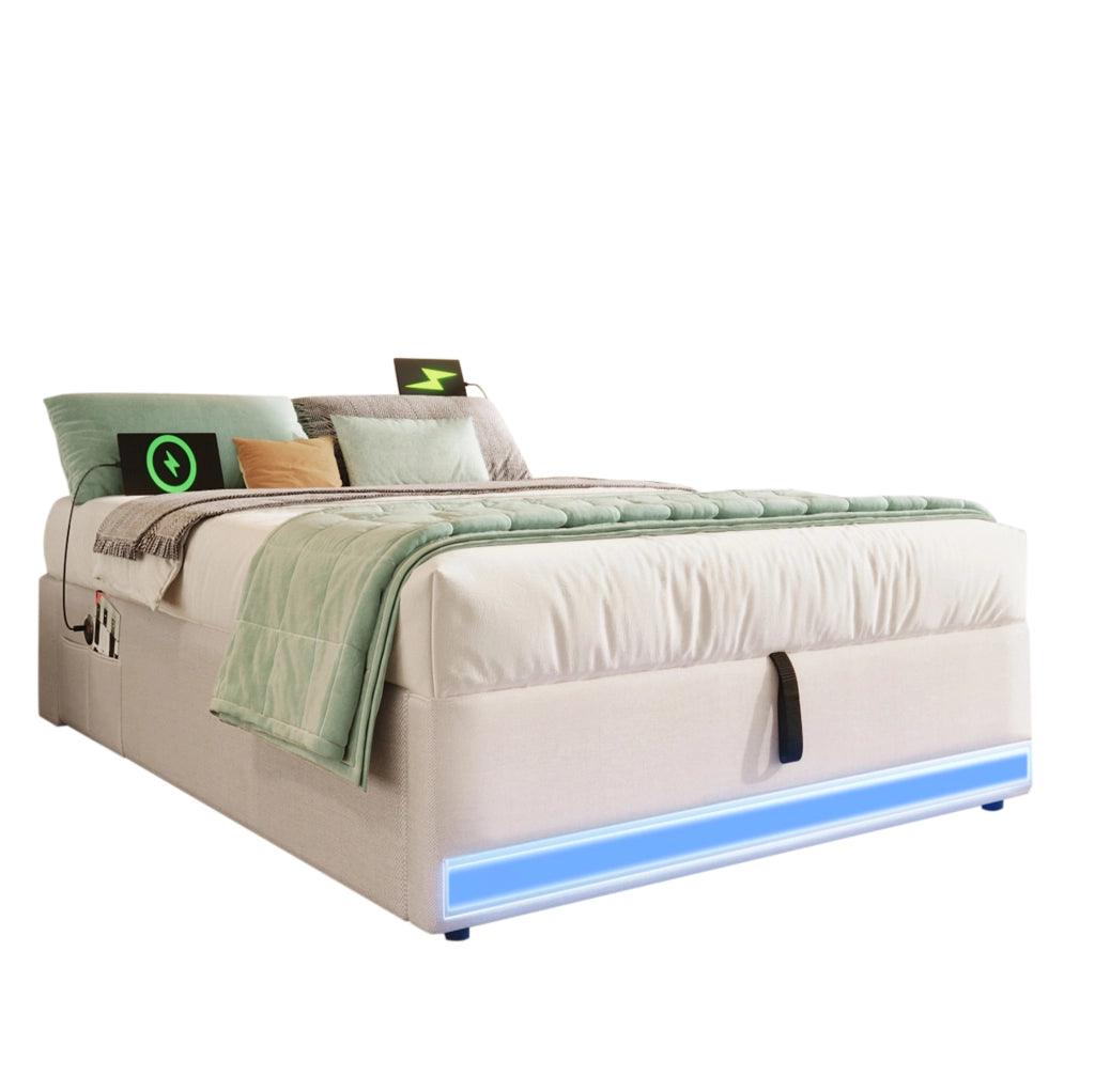 Letto imbottito 90x200 cm con LED, USB e funzioni contenitive