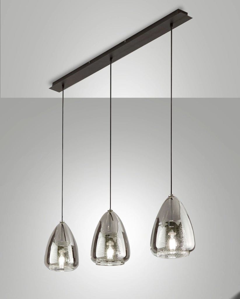 Britton Lampada a Sospensione in Metallo e Vetro Borosilicato Colore Fumé, Attacco E27 3x40W, Design Moderno ed Elegante per Interni IP20
