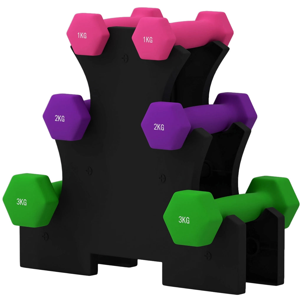 Set Manubri con Supporto, 6 Manubri Totali 2x1 kg, 2x2 kg, 2x3 kg, Multicolore