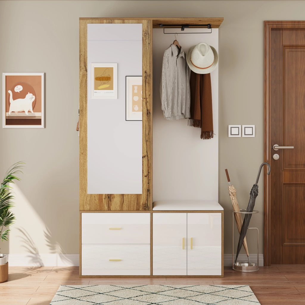 Mobile Ingresso con Specchio; Panca Scarpiera e Armadio Scarpiera con Barra Estraibile; 2 Ganci; Stile Moderno; in Truciolare; 100??38??180 cm; Bianco Naturale