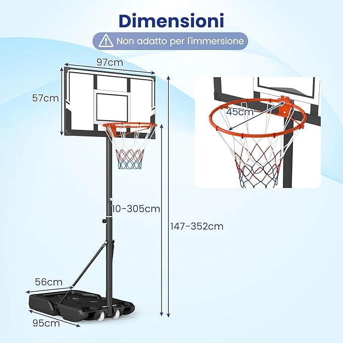 Canestro da Basket da Esterno, Canestro da Basket Portatile e Regolabile in Altezza 1-3M, con Tabellone Antiurto e Ruote per Adolescenti ed Adulti da Giardino, Piscina e Campo