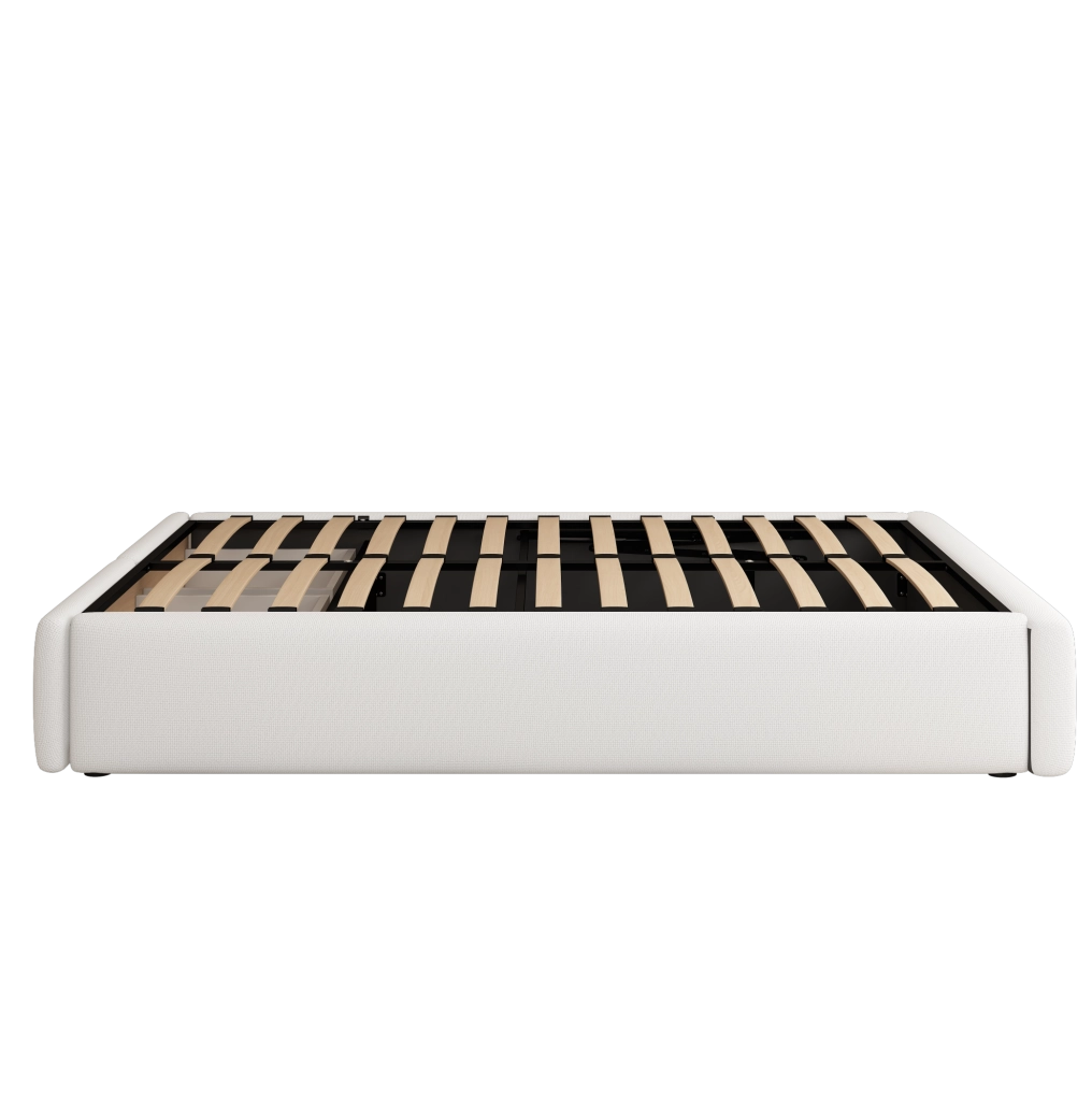 Letto imbottito 140x200 cm con contenitore idraulico e 2 cassetti; lino e MDF bianco