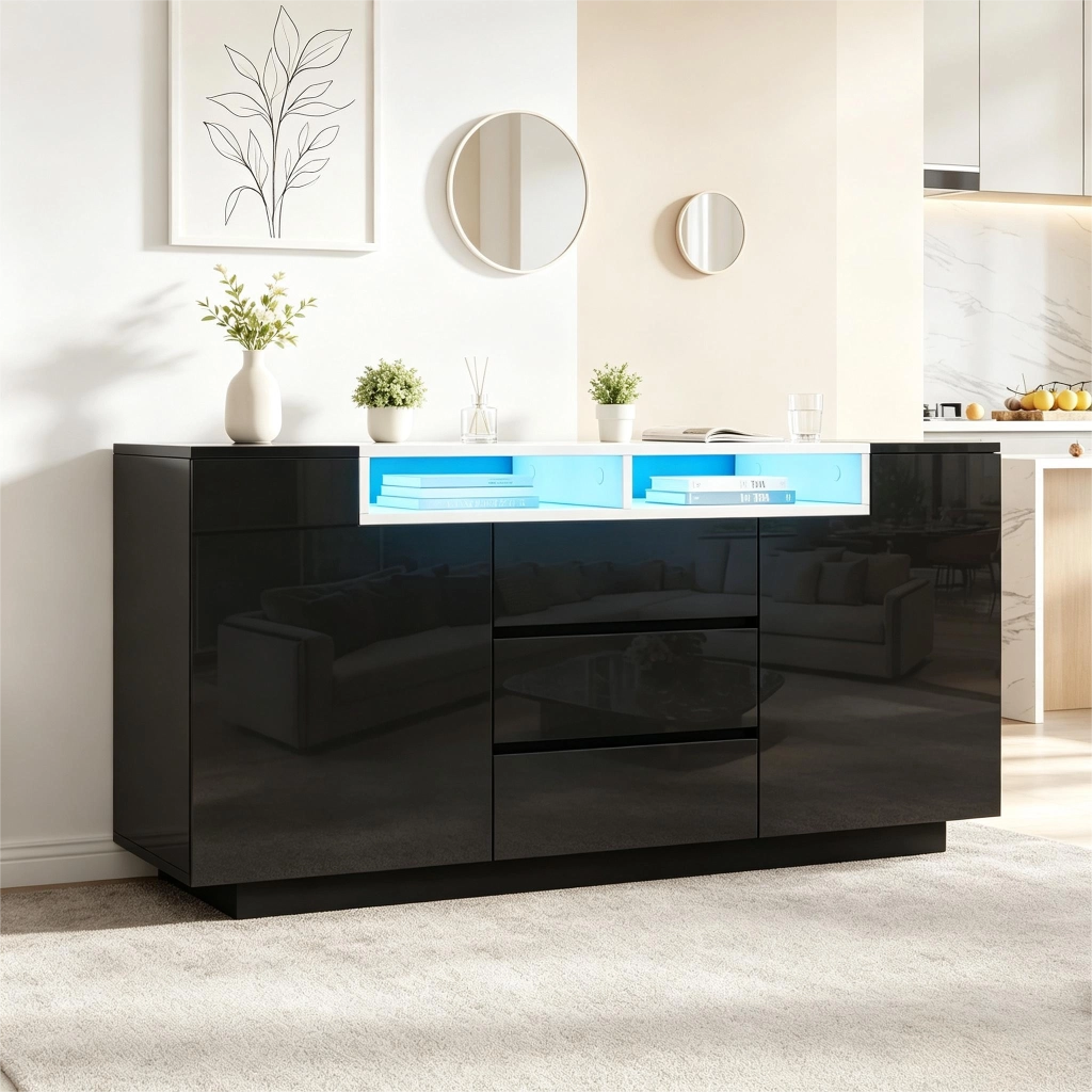 Credenza con 2 ante e 3 cassetti; illuminazione LED; per soggiorno; 140x40x68 cm; nera
