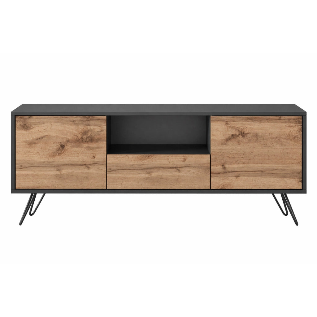 Mobile Porta TV Con 2 Ante Battenti Anta A Ribalta E Vano A Giorno Design Contemporaneo Per Zona Living E Salotto 137 X 52 X 33 Cm Nero E Rovere