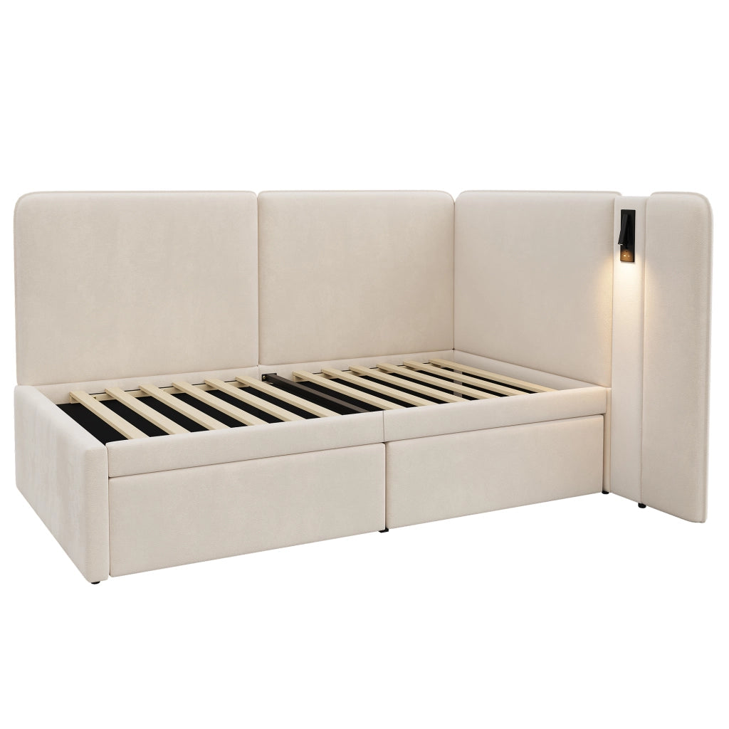 Letto Imbottito con Cassetti e Luce LED ¨C MINIMAL ¨C Velluto Beige 90x200